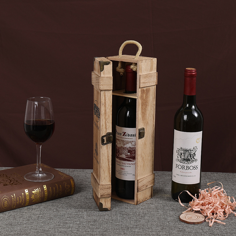 新款松木單支酒盒創意帶提手紅酒木盒葡萄酒禮品包裝盒木盒